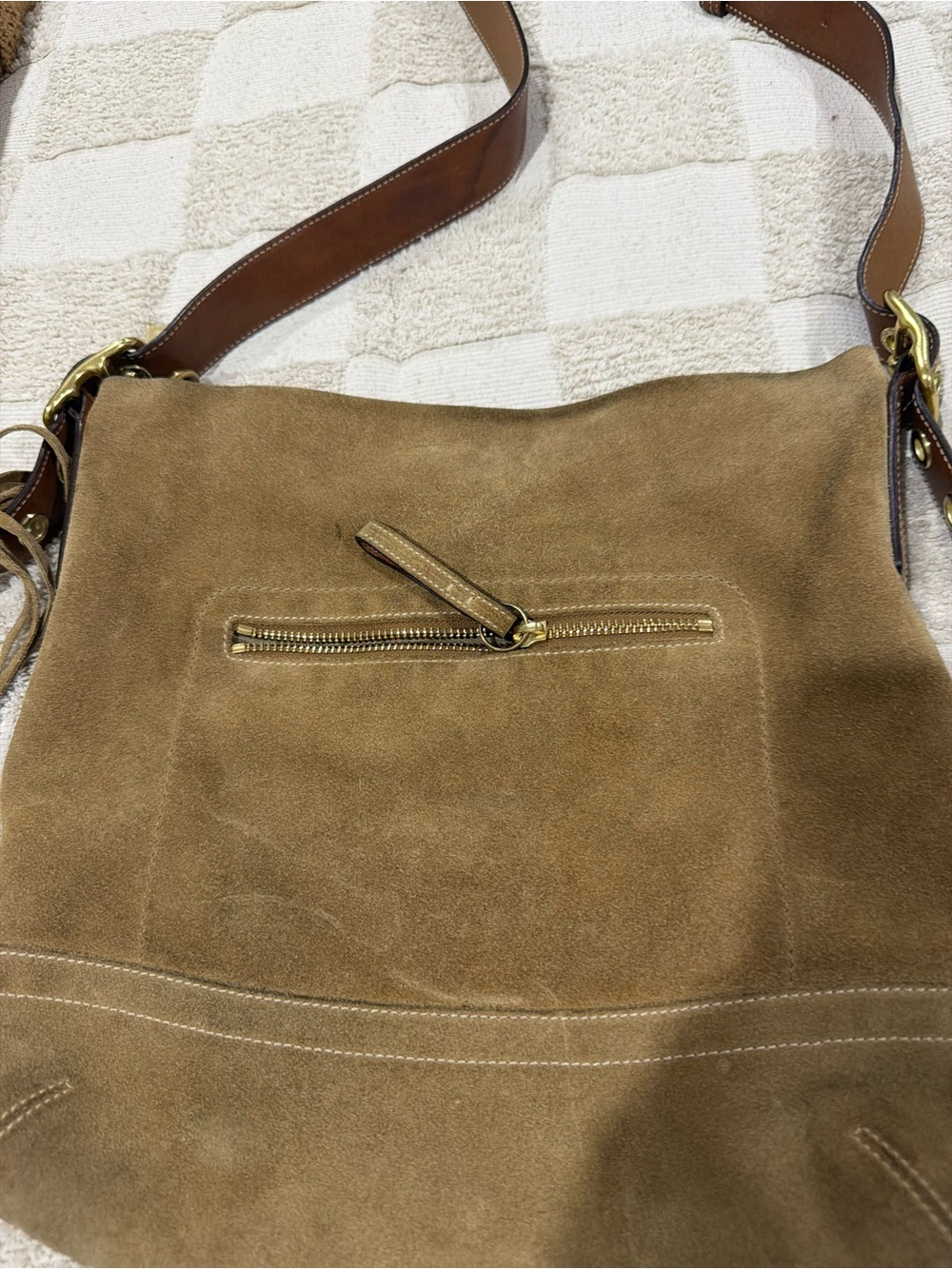 Coach Suede Shoulder Bag in Tan with Brown Strap
